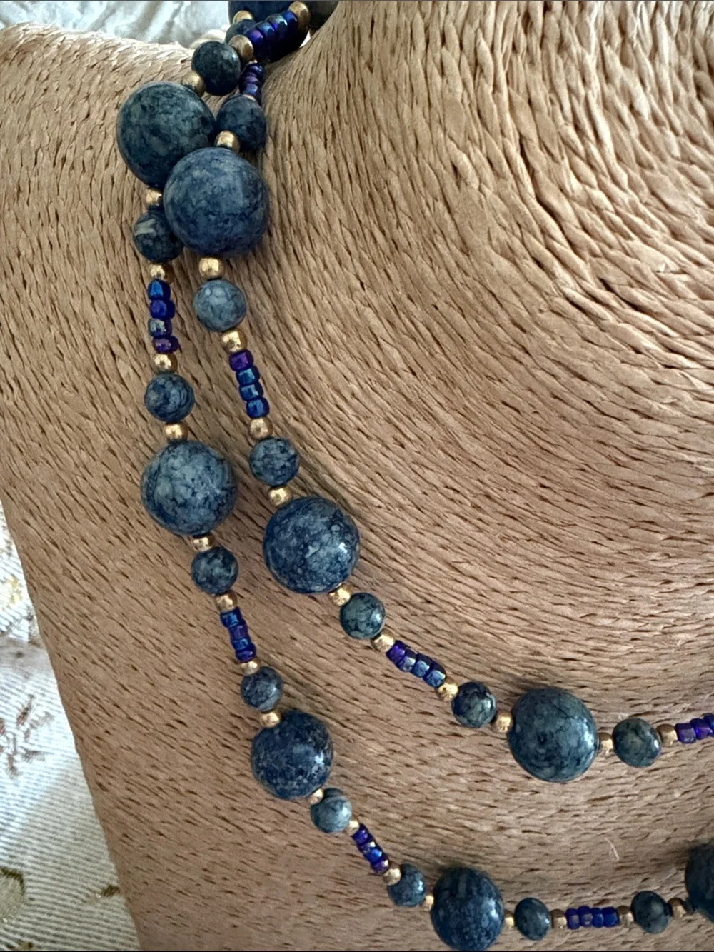 Blue lapis with tiny gold balls long or shorter it’s a lovely summer piece